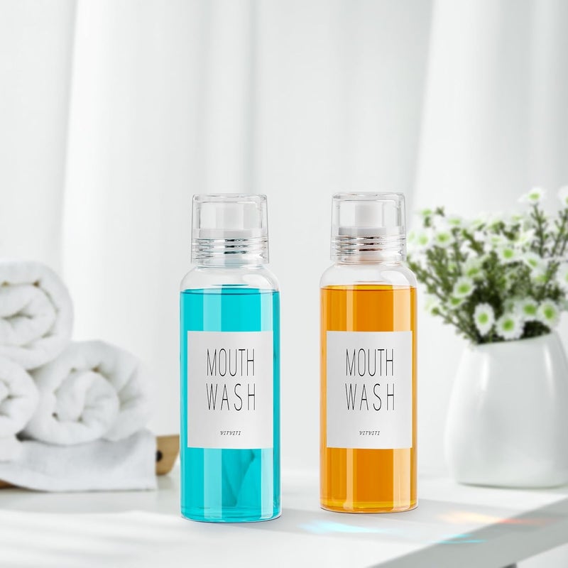 VITVITI Glass Mouthwash Dispenser for Bathroom, 10 OZ Mouth Wash Container Bottle with Lid Cup, Countertop Small Clear Refillable Mouthwash Dispensers Decanter, Set of 2 (White) - Image 4